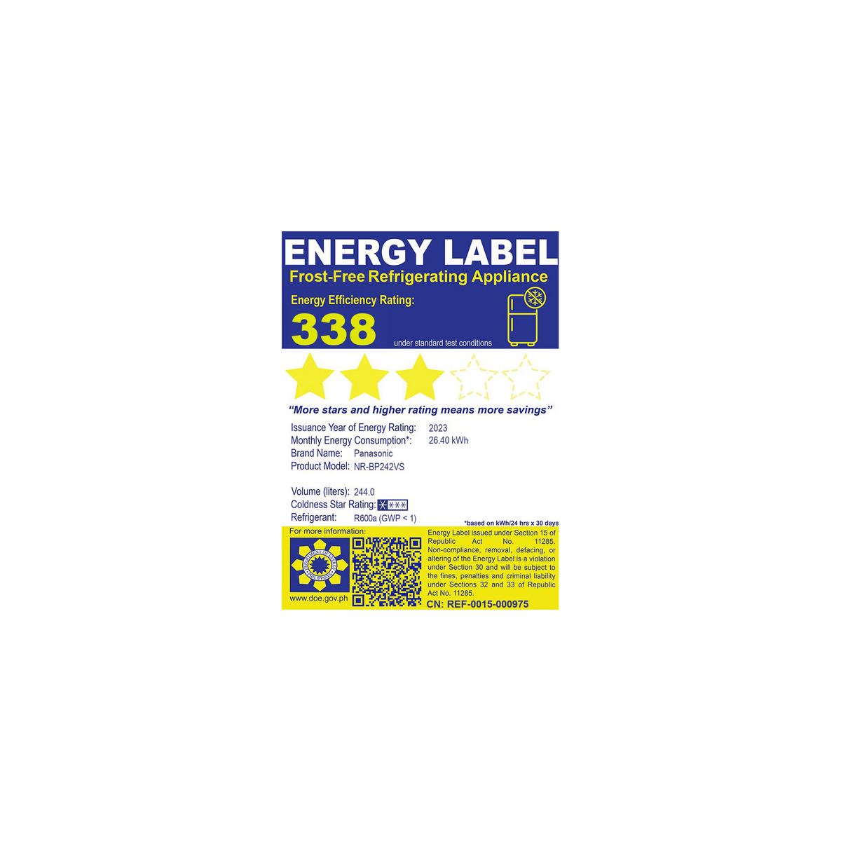 Panasonic NR-BP242VS 8.6 cu ft No-Frost Inverter Type Two Door Top Freezer Standard Refrigerator